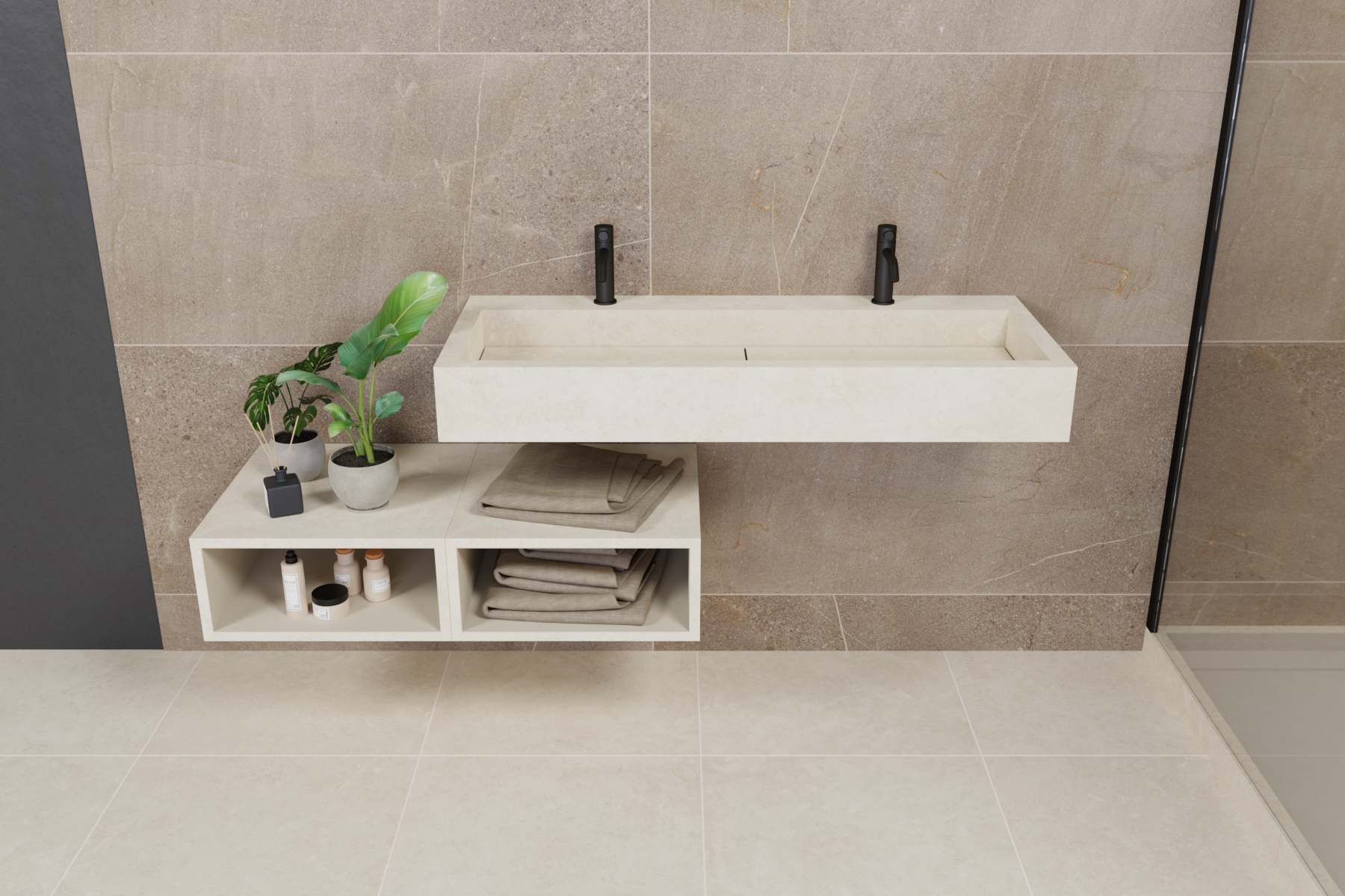 A minimal furnishing set for the bathroom made of stoneware tiles