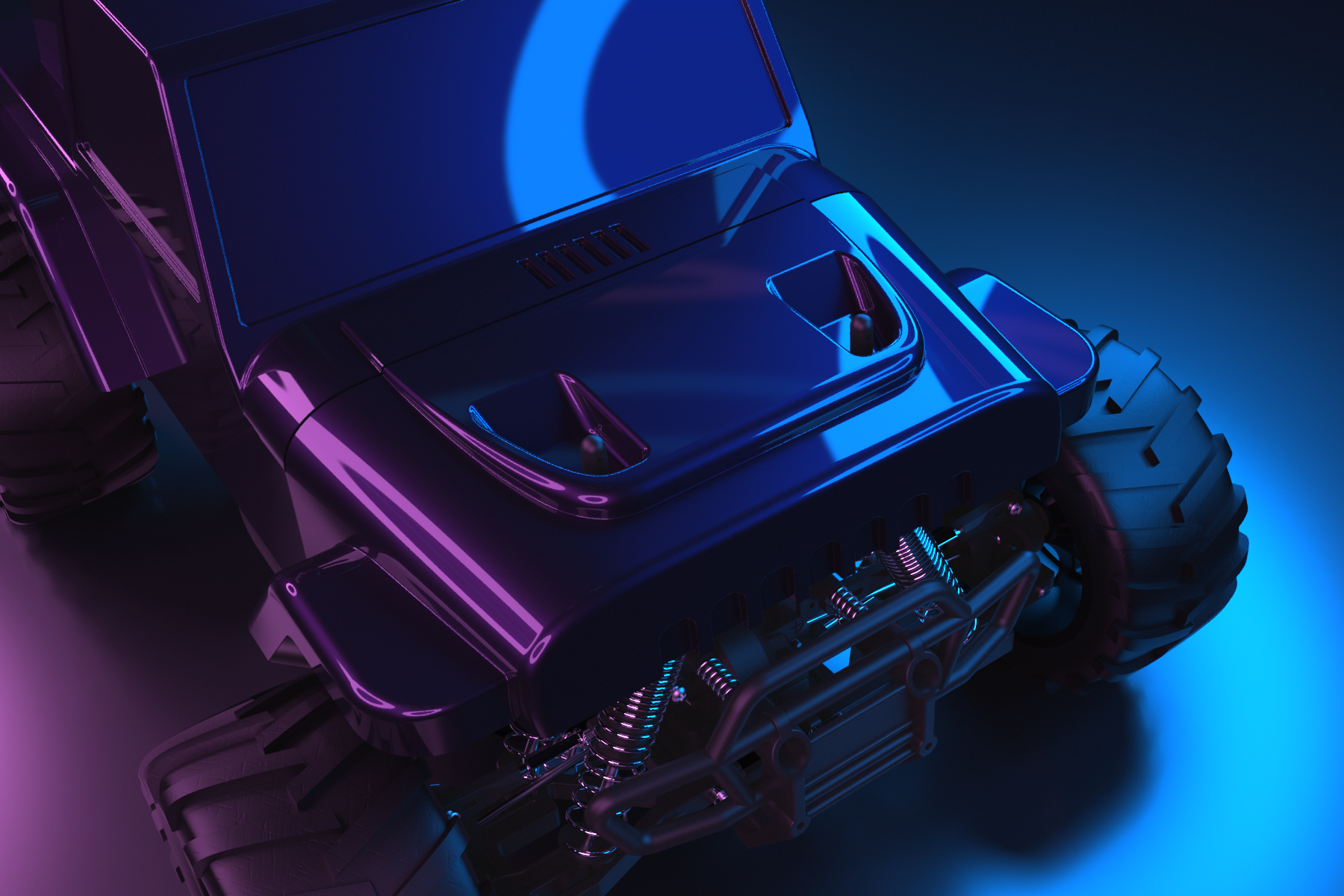 Rendering of a Jeep in a dark set with purple and blue lights