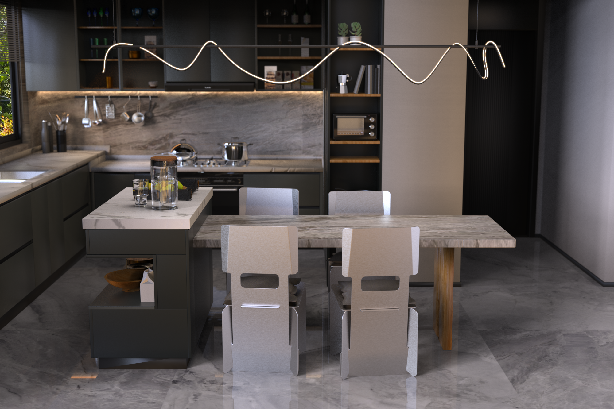 Rendering of 4 chair around a table in a stoneware kitchen