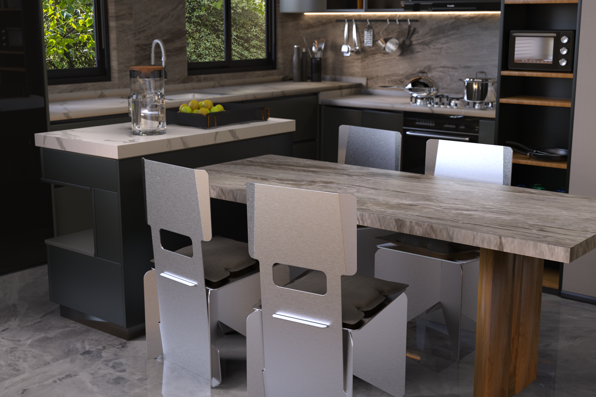 Rendering of 4 chair around a table in a stoneware kitchen