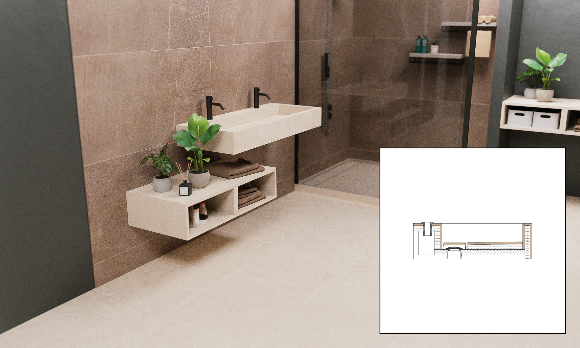 Rendering of a furniture set made of stoneware tiles