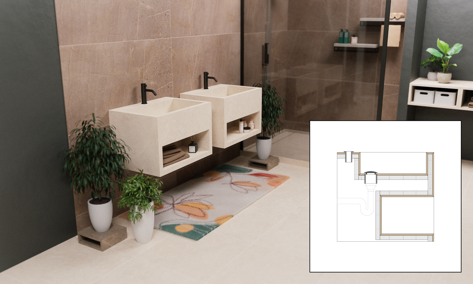 Rendering of a furniture set made of stoneware tiles