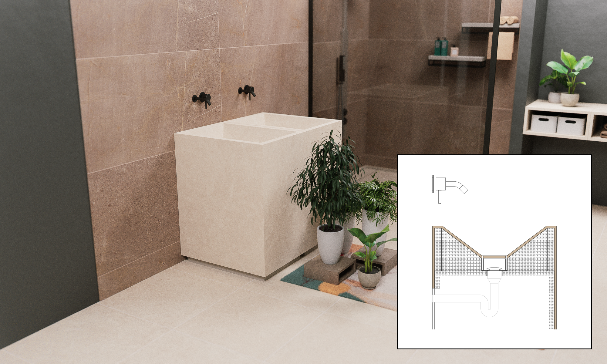 Rendering of a furniture set made of stoneware tiles