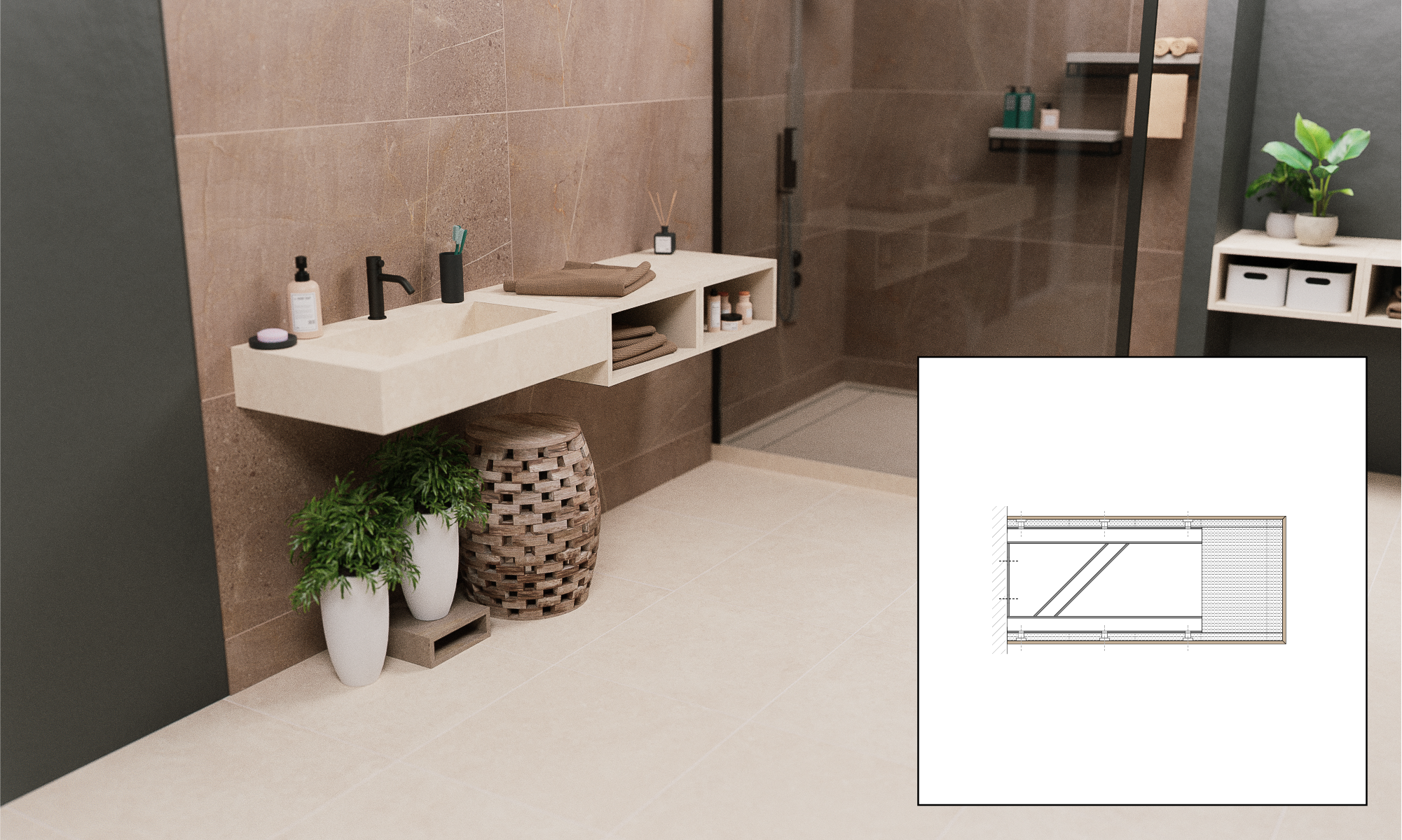 Rendering of a furniture set made of stoneware tiles