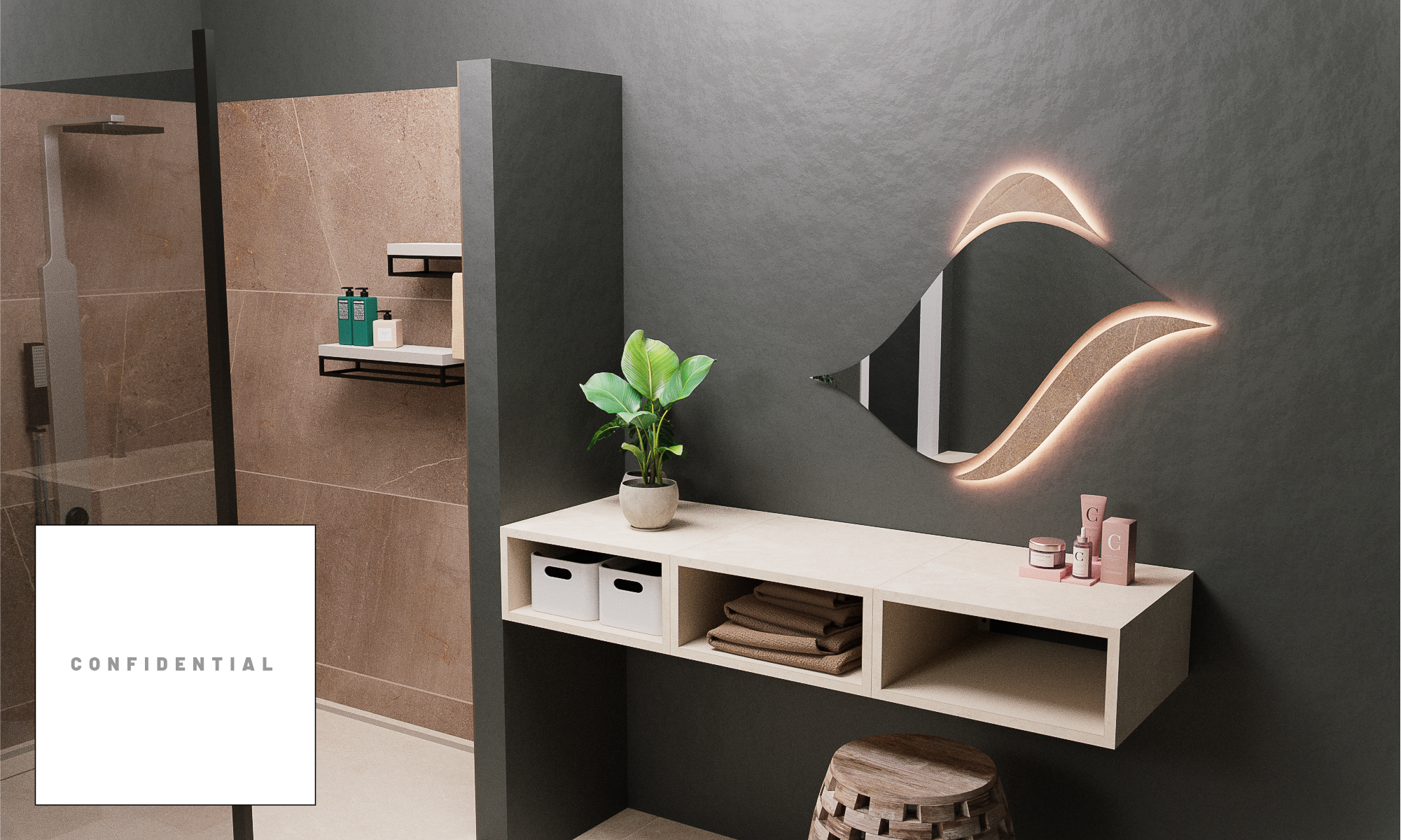Rendering of a furniture set made of stoneware tiles