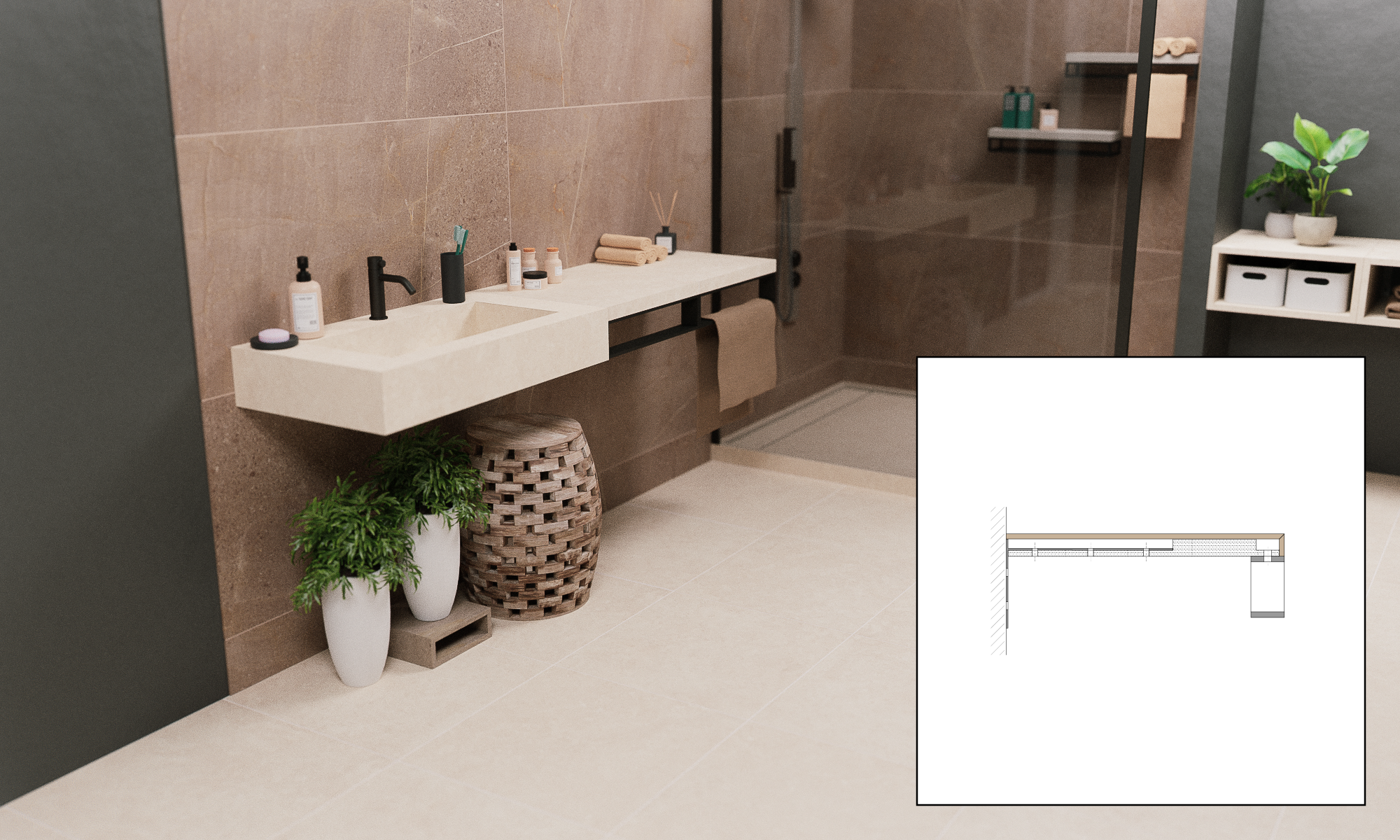Rendering of a furniture set made of stoneware tiles