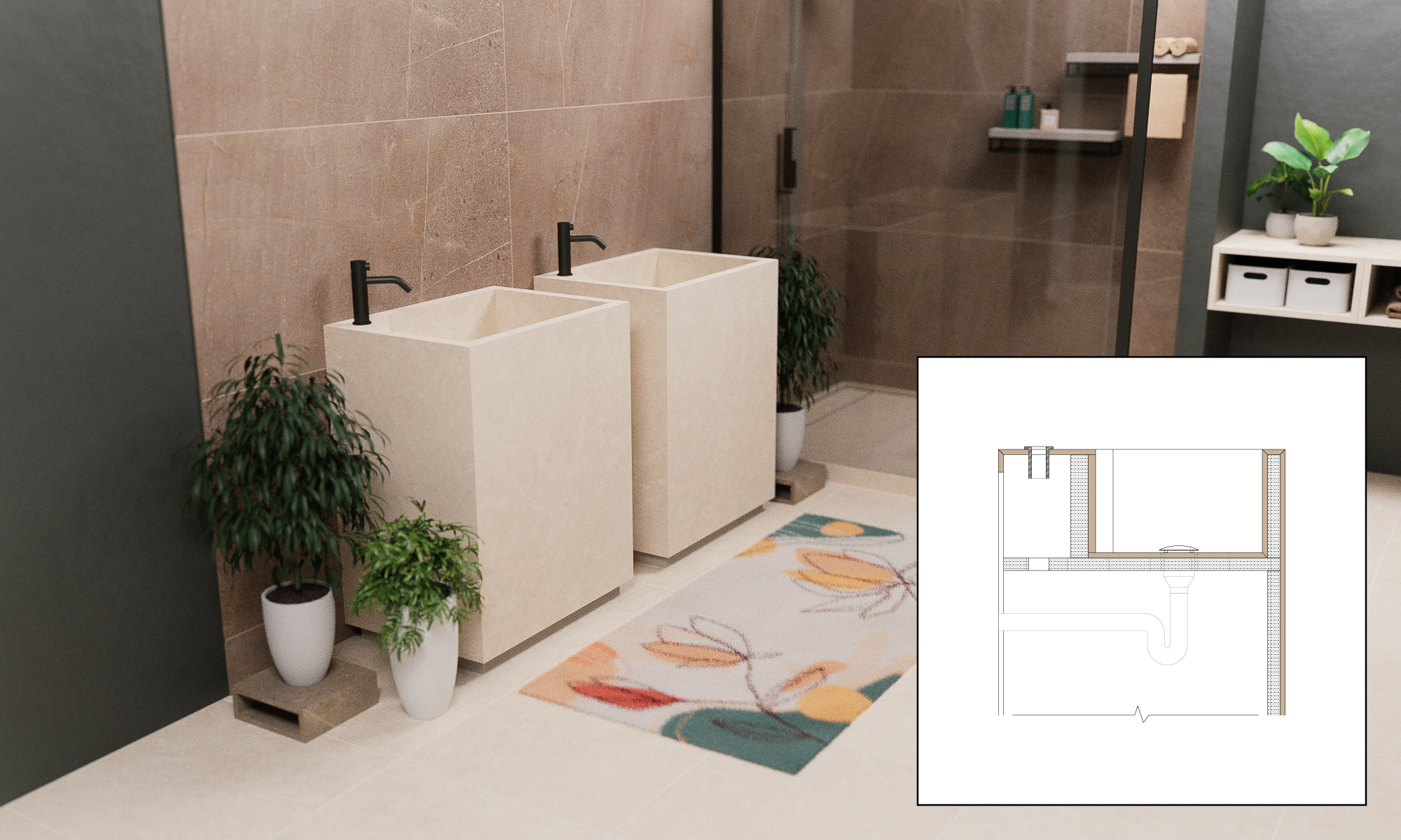 Rendering of a furniture set made of stoneware tiles