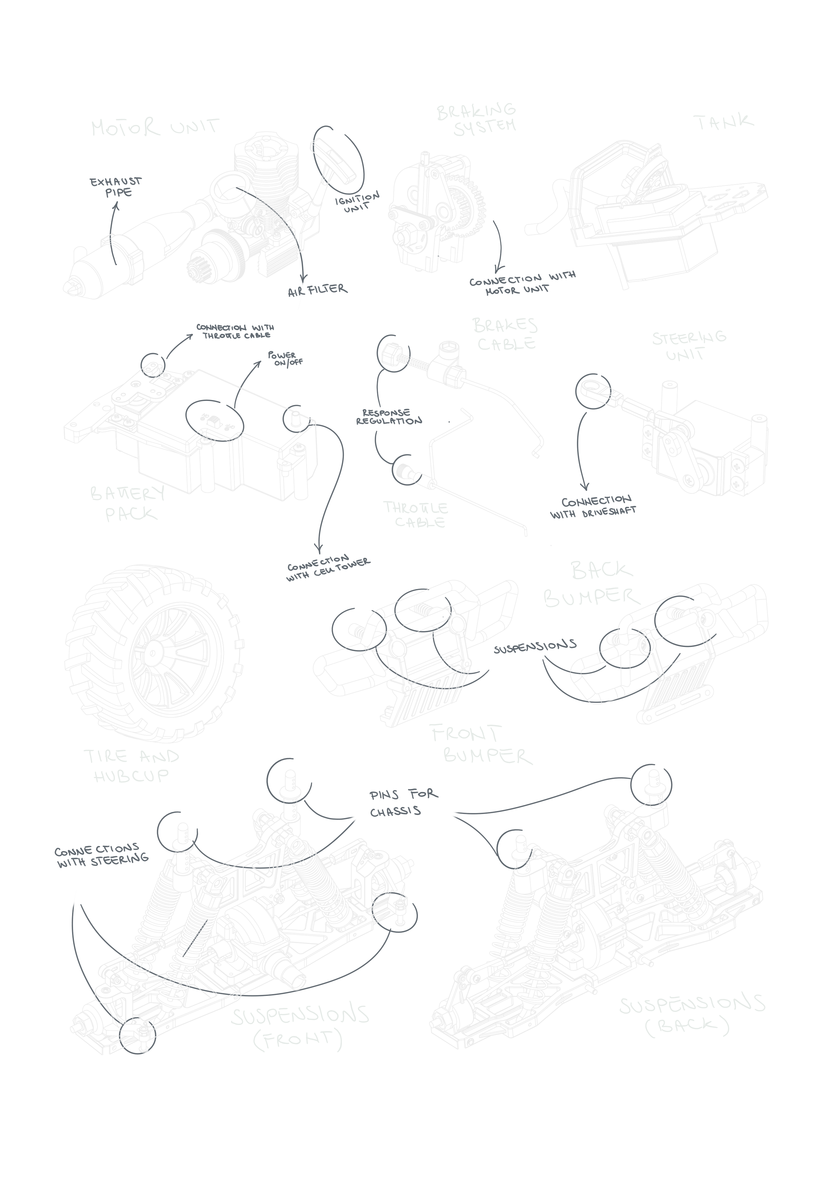 Technical drawings of the main components