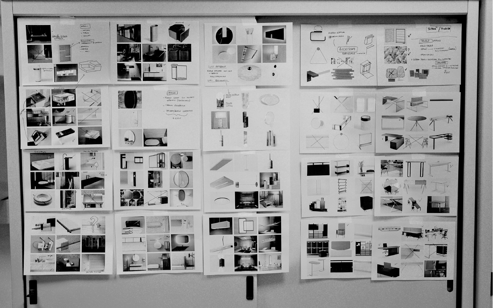 Hundreds of sheet sticked to a wall to share individual researches and get new input